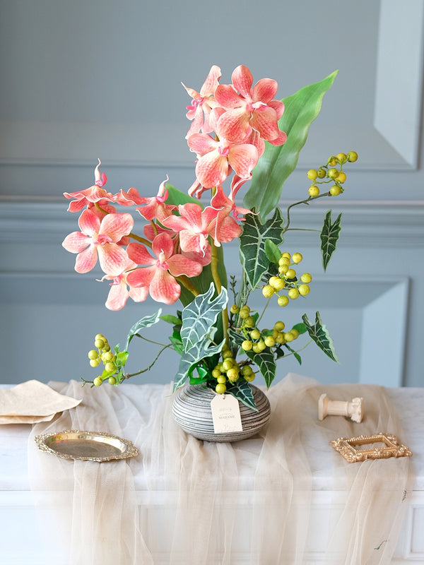 Coral Orchid Arrangement Artificial Vase